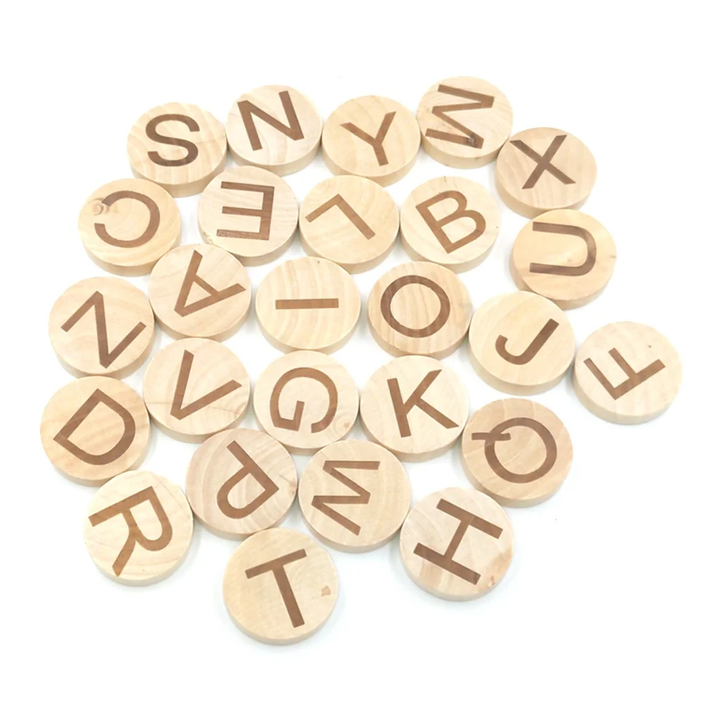 

26Pcs Wooden Alphabet Slices Premium Thick Round Wood Pieces Smooth Non-Deform Educational Learning Tool for Kids Teachers DIY