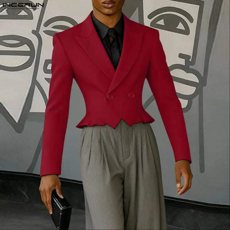 

Мужской пиджак INCERUN с отложным воротником, длинными рукавами, рюшами и пуговицами, повседневный мужской костюм, уличная мода 2026, модный укороченный пиджак для отдыха, мужские куртки S-5XL