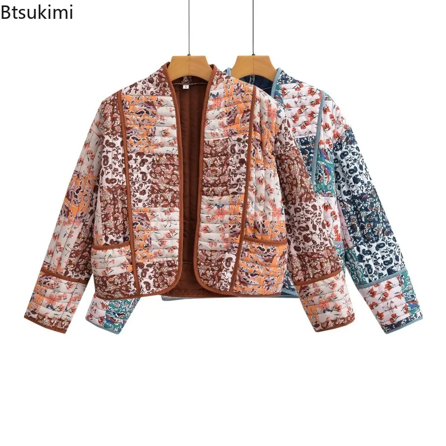 New Women Autumn Quilted Jacket Short Floral Print Jacket Coat with Pocket Casual Office Lady Parka Fashion Street Short Jacket