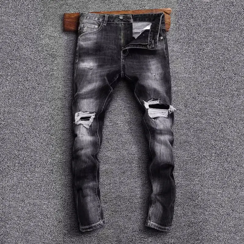 Jeans retrô rasgado masculino, calça designer remendada, jeans hip-hop, preto, cinza, elástico, slim fit, moda de rua alta