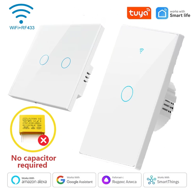 

Умный переключатель Tuya Wi-Fi EU/US RF433Mhz Сенсорный переключатель Нужен нейтральный провод Приложение Smart Life Работа с Alexa Google 1/2/3/4Gang