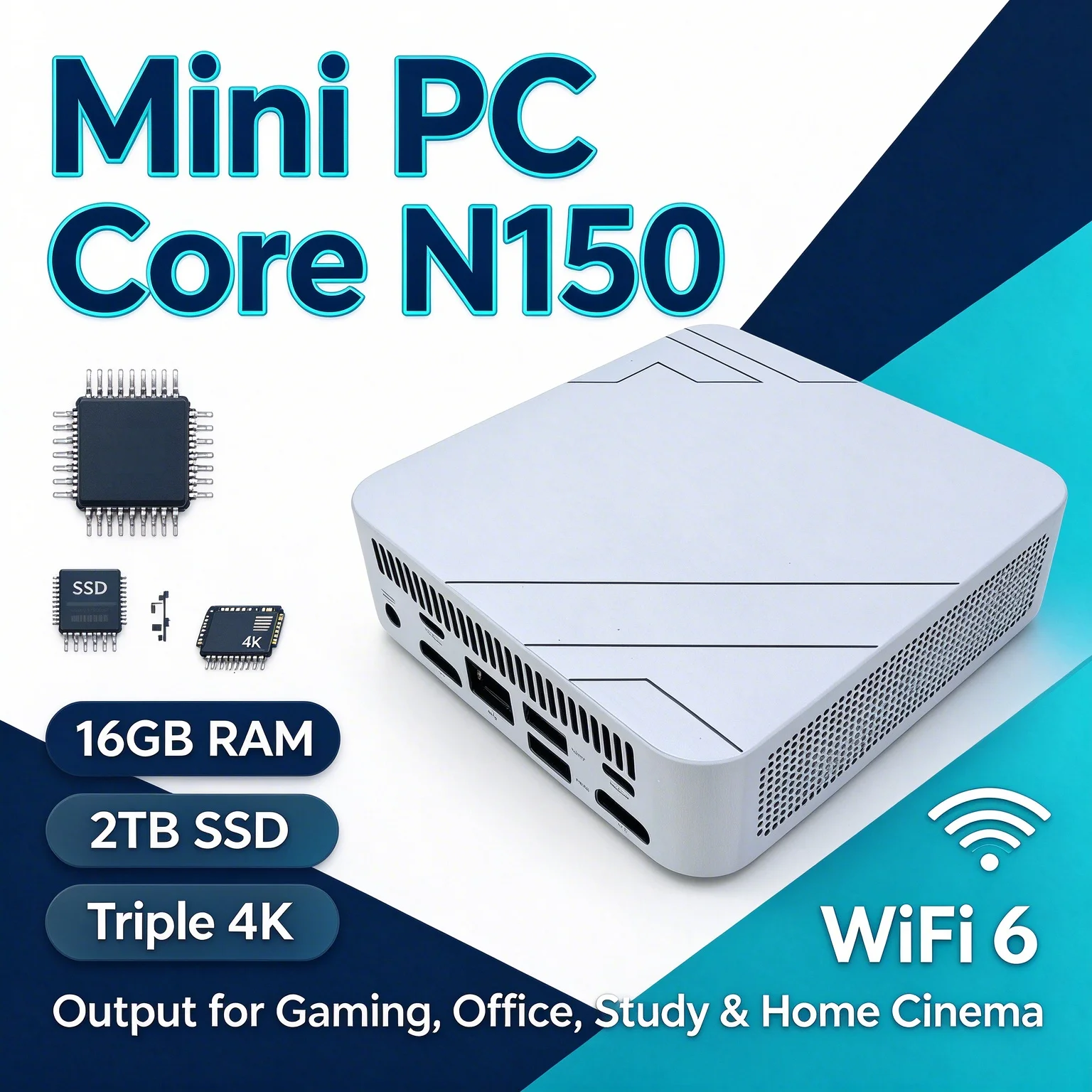16GB RAM M.2 NVMe SSD Office Desktop Mini PC Core N150 2026 Triple 4K Screen Output WiFi6 BT5.2 Silent Cooling Portable Computer