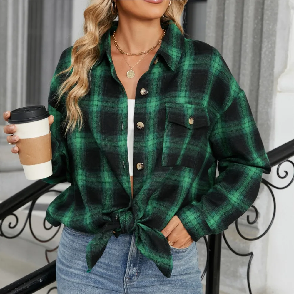 Loose Pocket Patchwork Single Breasted Cardigan Shirt For Women 2024 Autumn/winter Checkered Shirt Brushed Long Sleeved Blouses