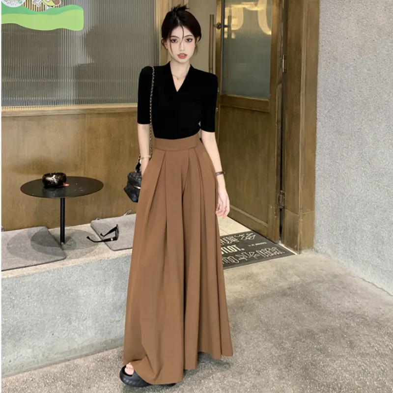 2025 spring and summer new women's slim fit black top+fashionable wide leg pants two-piece set