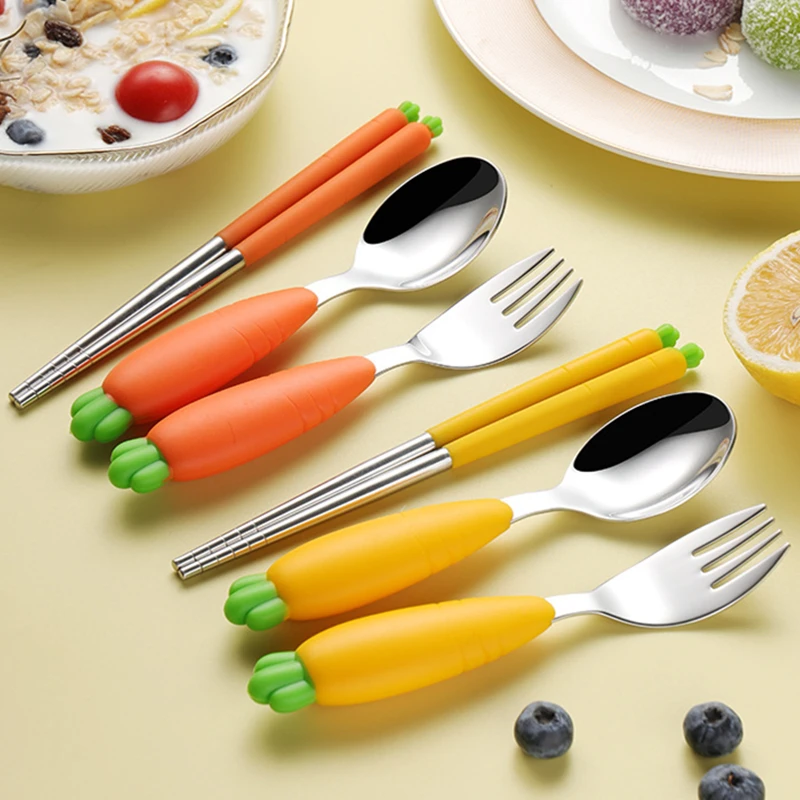 Cute Carrot silicone Handle Cutlery Set Stainless Steel Kids Tableware Chopsticks Fork Spoon Utensils for Baby  Food-grade safe