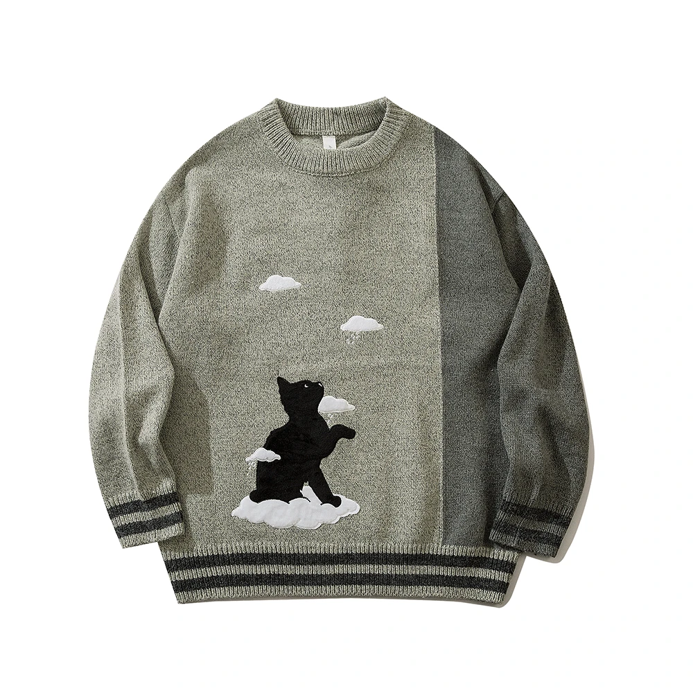 Cat Embroidery Colorblock Knitted Sweater For Men Hip Hop Pullovers Sweater Streetwear Retro Cotton Loose Couple Sweater Autumn