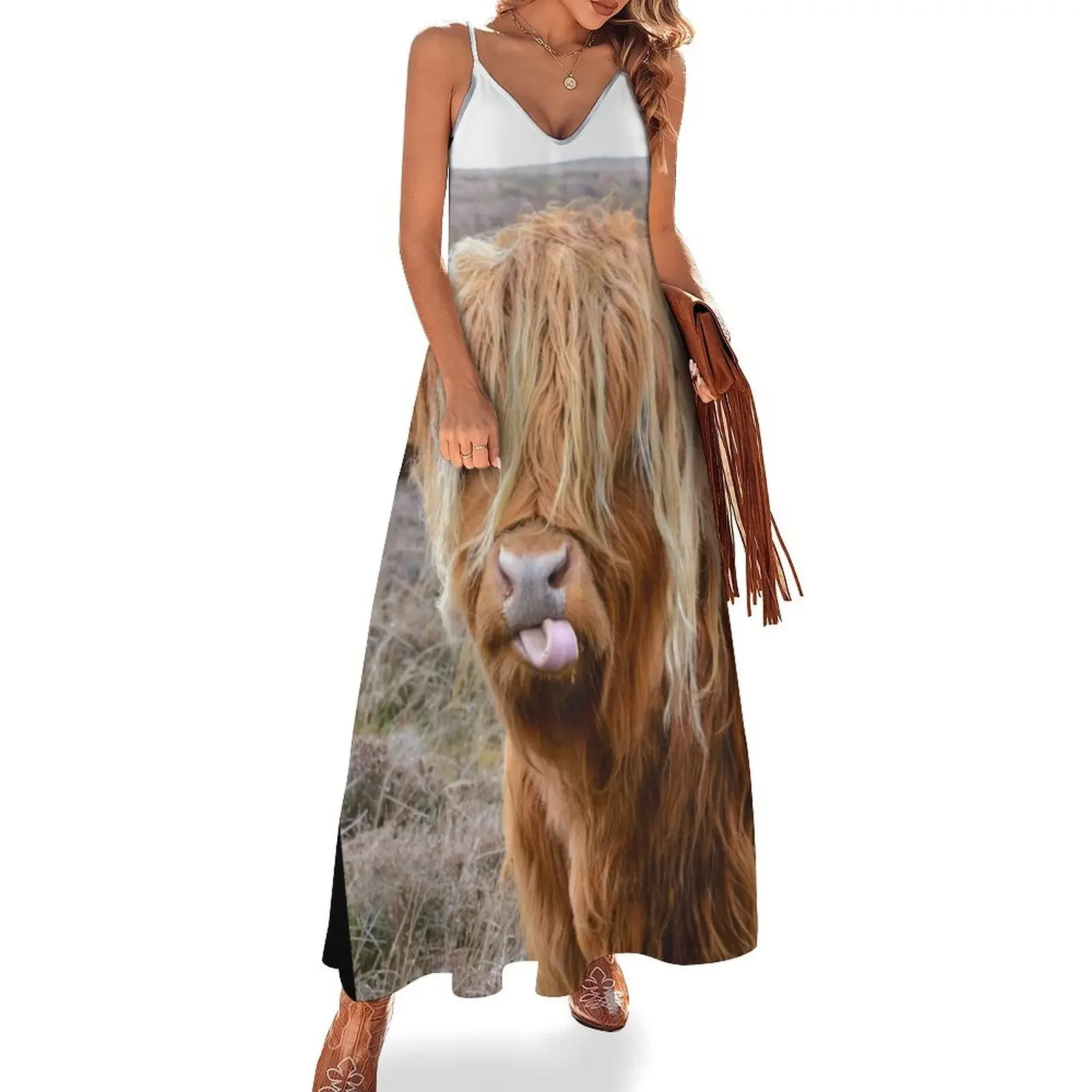 

Funny Shaggy Highland Cow Sleeveless Dress beach dresses Women's long dress luxury woman party dress Long