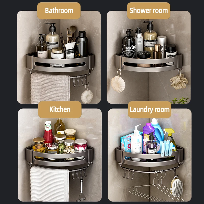 Bathroom Shelf Shampoo Bottle Shower Corner Rack No Drill Wall Mounted Toilet Storage Aluminum Kitchen Accessories