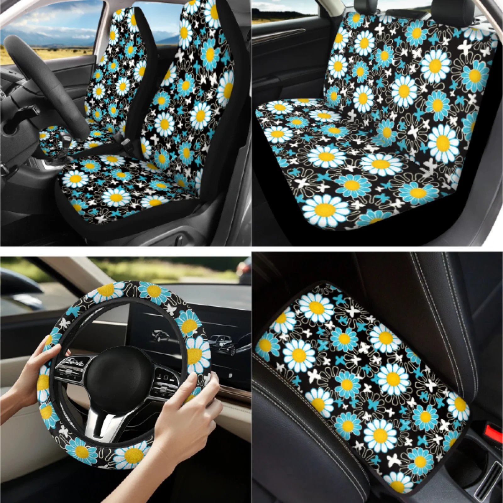 Coloranimal Retro Pop Daisy 13 PCS Auto Accessories with Protective Steering Wheel Cover and Seat Belt Covers for Auto Interior