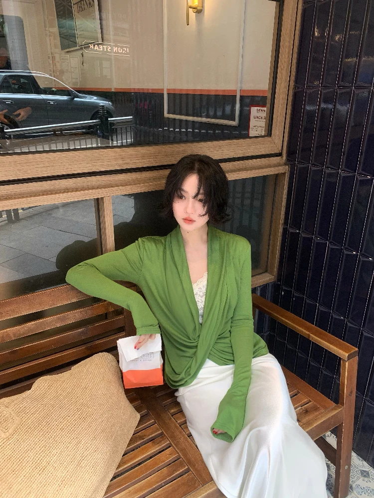 

Женский топ с кружевными вставками и эффектом двухслойности, весна-лето, новый, для повседневной носки, длинный рукав, круглая горловина