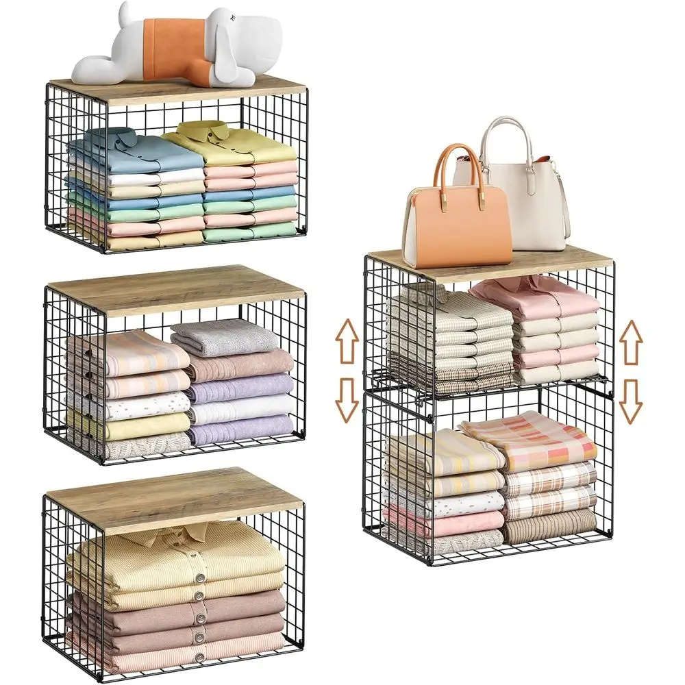 

5-Tier Large Stackable Closet Organizer and Storage Basket, Sturdy Closet Shelf Organizer with Wood Top, Stackable Storage Bins