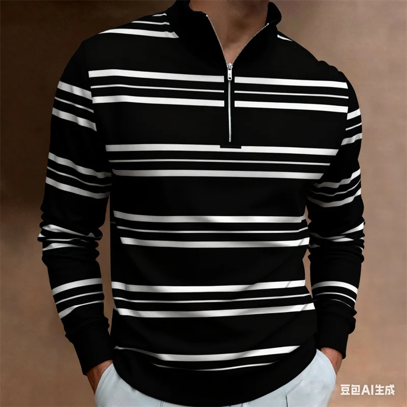 เสื้อเชิ้ตผู้ชายคอตั้งแบบซิปครึ่งตัว ลายพิมพ์ 3 มิติ ลายทาง สำหรับฤดูใบไม้ร่วง สไตล์ลำลองธุรกิจ แห้งเร็ว ผลิตจากโพลีเอสเตอร์ แขนยาว