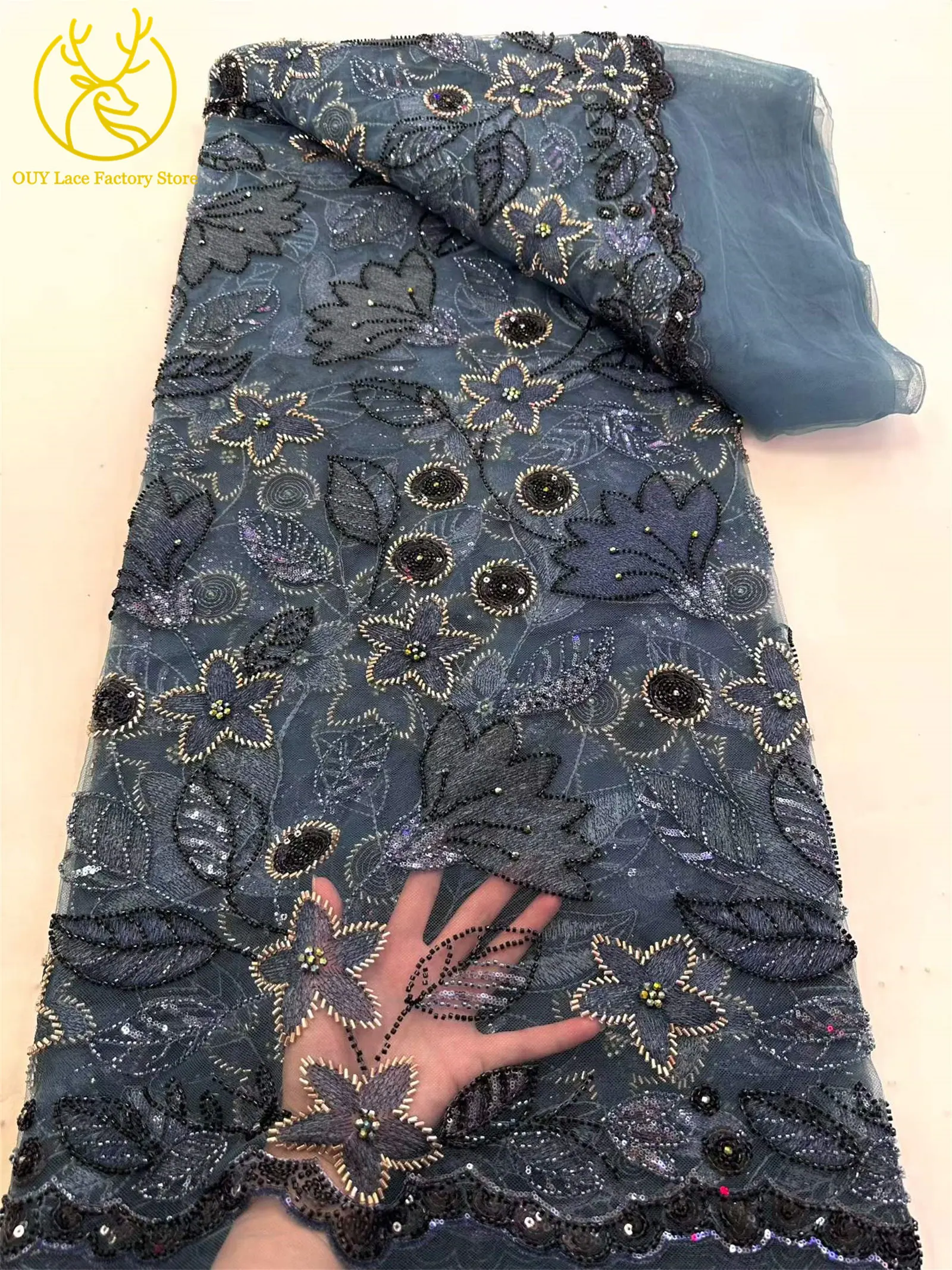 Neuer Stil: Brautkleid-Spitzenstoff mit Perlenstickerei 2026, Silberner Tüll mit Pailletten, Afrikanischer Netzstoff für Hochzeits- und Abendkleider zum Nähen – Detail 15