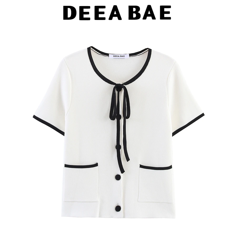 

DEEABAE 2025 autumn new women's clothing sweet and fashionable contrasting color trimmed round neck short sleeved cardigan