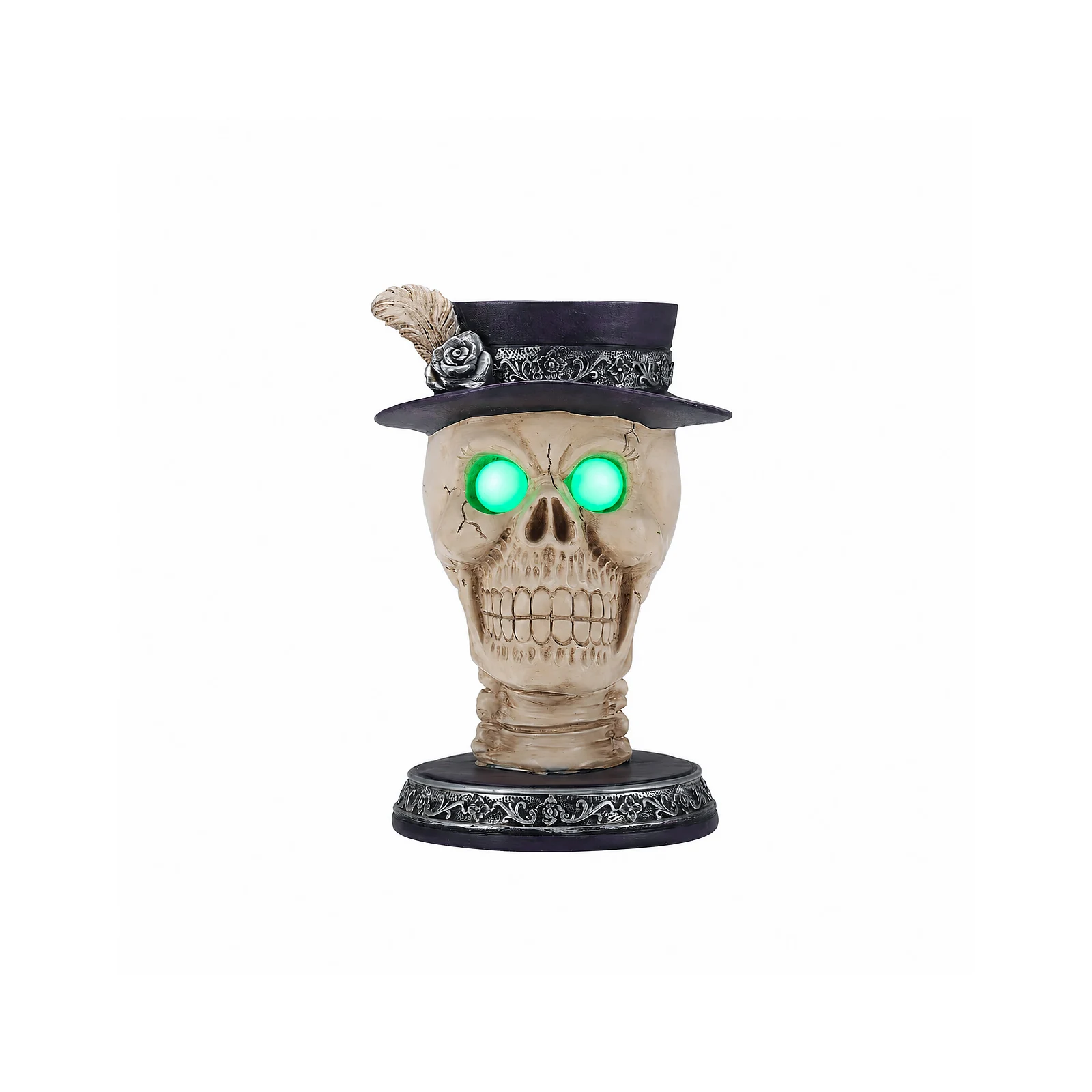 Halloween Skull Candle Holder with Glowing Green Eyes, Gothic Skeleton Head Statue with Feather Top Hat, Vintage Resin Tabletop Decor