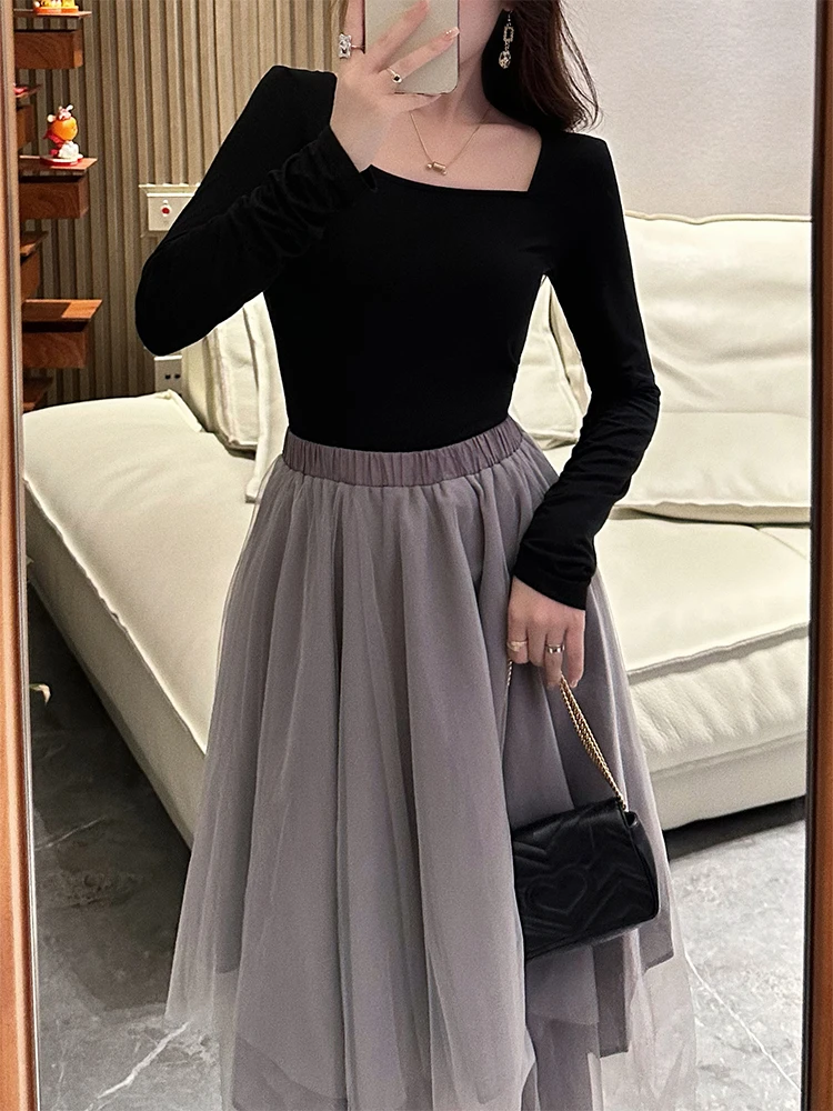 

Bla Long Sve Square Collar Women's Slim Fit Top Autumn Sle Commute Faion Inner Wear Lazy Base irt New Arrival 2026