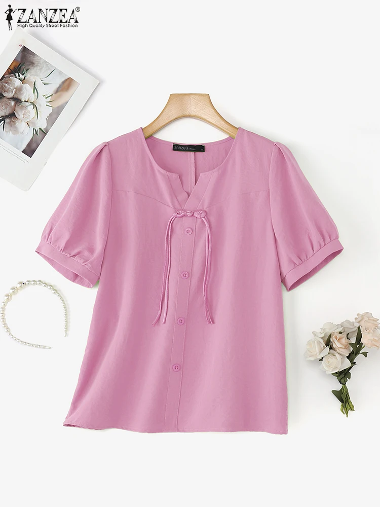 ZANZEA قمصان مكتب صيفية 2025 بلوزات نسائية أنيقة بأكمام قصيرة وأزرار سفلية قميص موضة OL بلوزة عمل غير رسمية برقبة دائرية #3