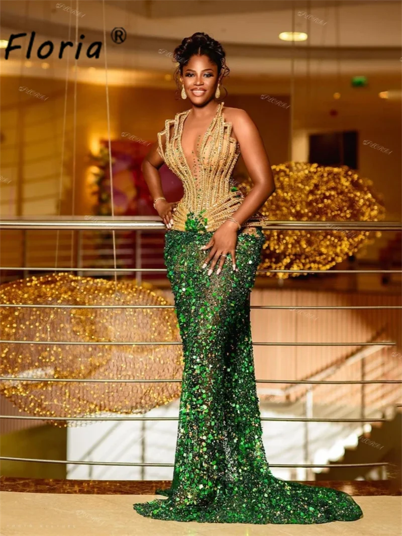 Aso Ebi Gold Green Mermaid Evening Dresses 2024 Luxury Africa Women Cut-out Beading Glitter Sequin Wedding Party Dress Plus Size