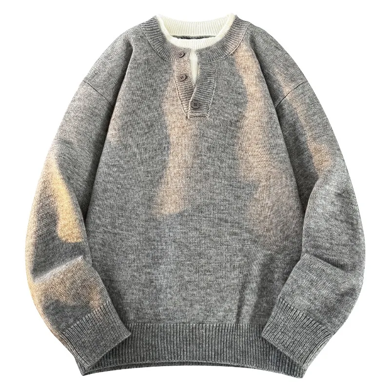 Men Women Fall Winter New V Neck Button Knit Sweater Fake Two Piece Design Loose Casual All Match Knit Tops