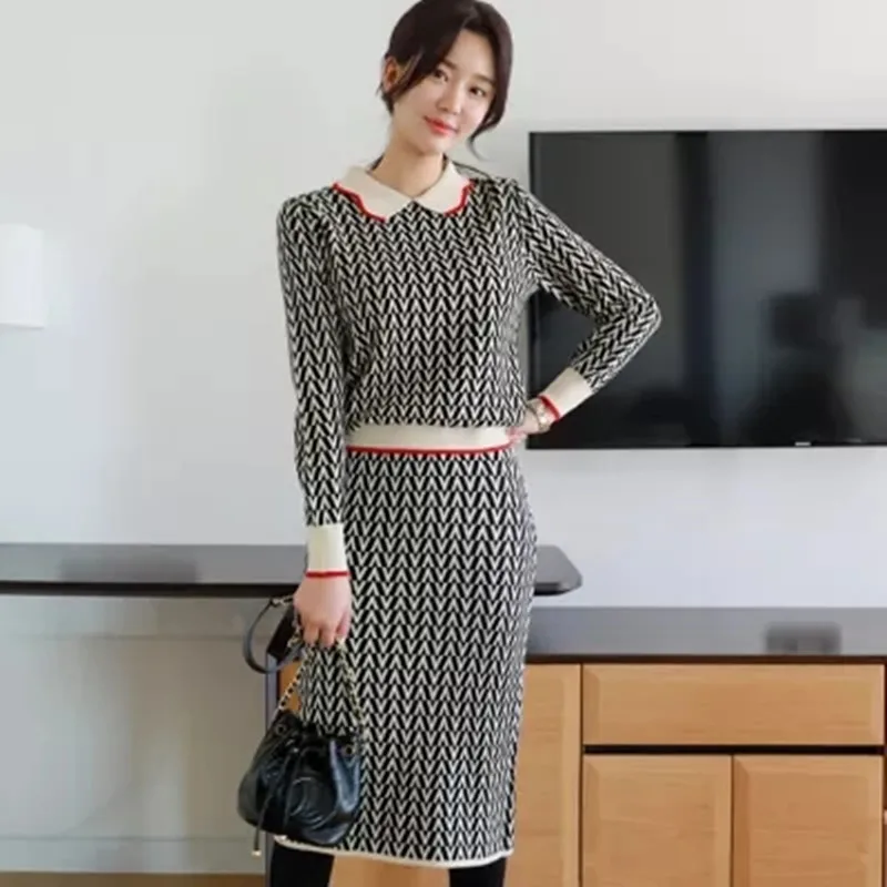 High Quality Elegance Korean Autumn Winter Jacquard Knit 2 Piece Set Women Doll Collar Pullover Sweater + High Waist Skirt Suit