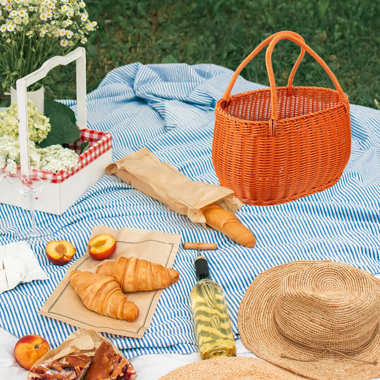 

Vegetable Basket Hand-Woven Imitation Rattan Storage Basket For Kitchen Picnic Bread Fruit Snacks Organizer Portable Woven