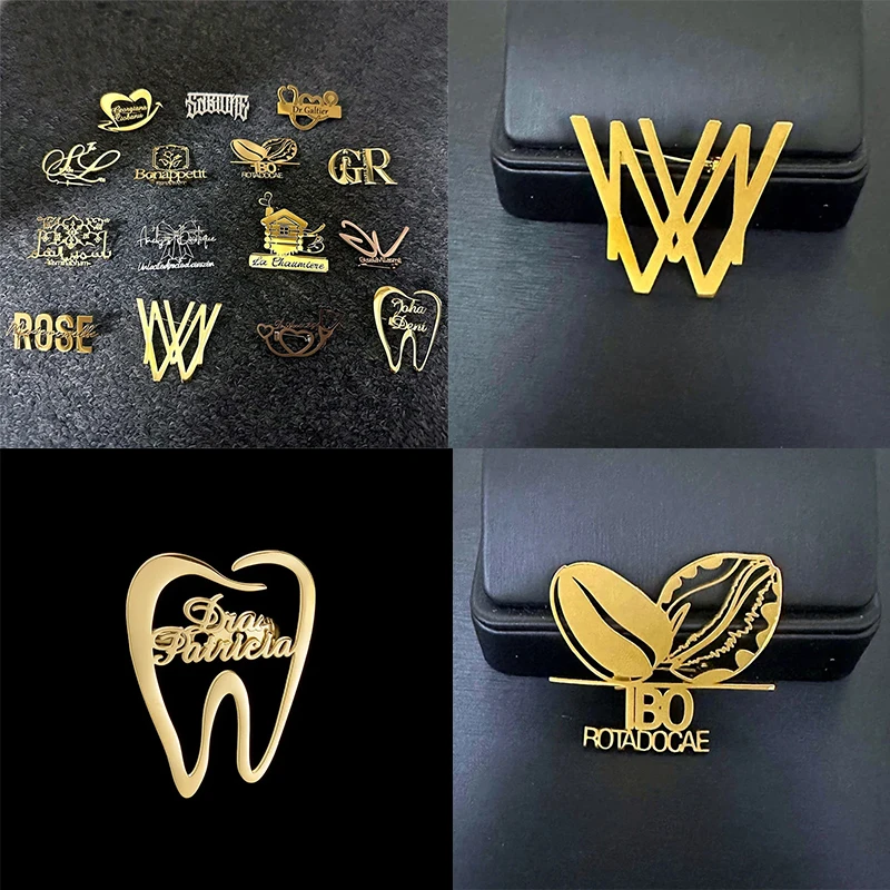 RetroGem Jewelry Custom Tooth Stainless Steel Personalized Brooch Pin Customzied Name Nameplated Company Logo Lapel Pins Gifts