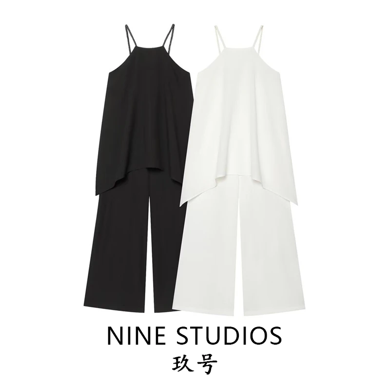 NINE ZAR Double Layer Splice Pure Color Woven Strap Jumpsuit Wide Leg Pants High Waist Long Pants Commute Style Polyester