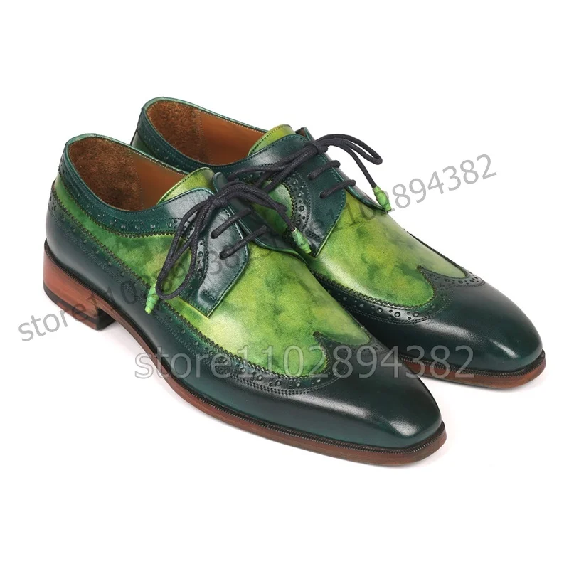 Green Square Toe Carving Design Men Derby Shoes Fashion Lace up Men Shoes Luxury Handmade Party Banquet Big Size Men Dress Shoes