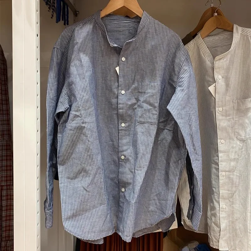 

Весенне-осенняя мужская хлопково-льняная одежда в полоску с длинным светом, повседневная тонкая верхняя одежда, свободная посадка в полоску с узором U, домашний бренд