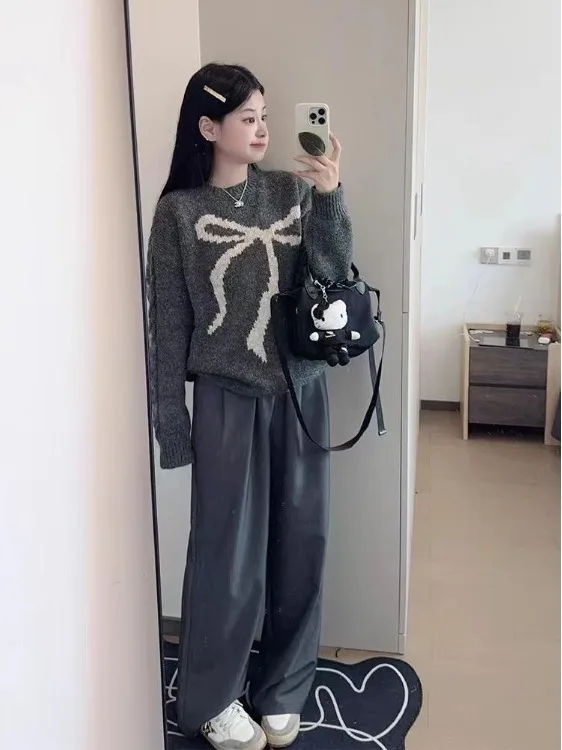 

Свободный женский вязаный свитер с узлом, на раннюю весну, в непринужденном стиле, с эффектом похудения