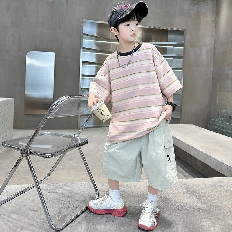 4-14Yrs Kids Boys 2PCS Clothes Set UNITIM Summer Children Boys Striped Short Sleeves Tee Suits Loose Junior Boy Overalls Outfits