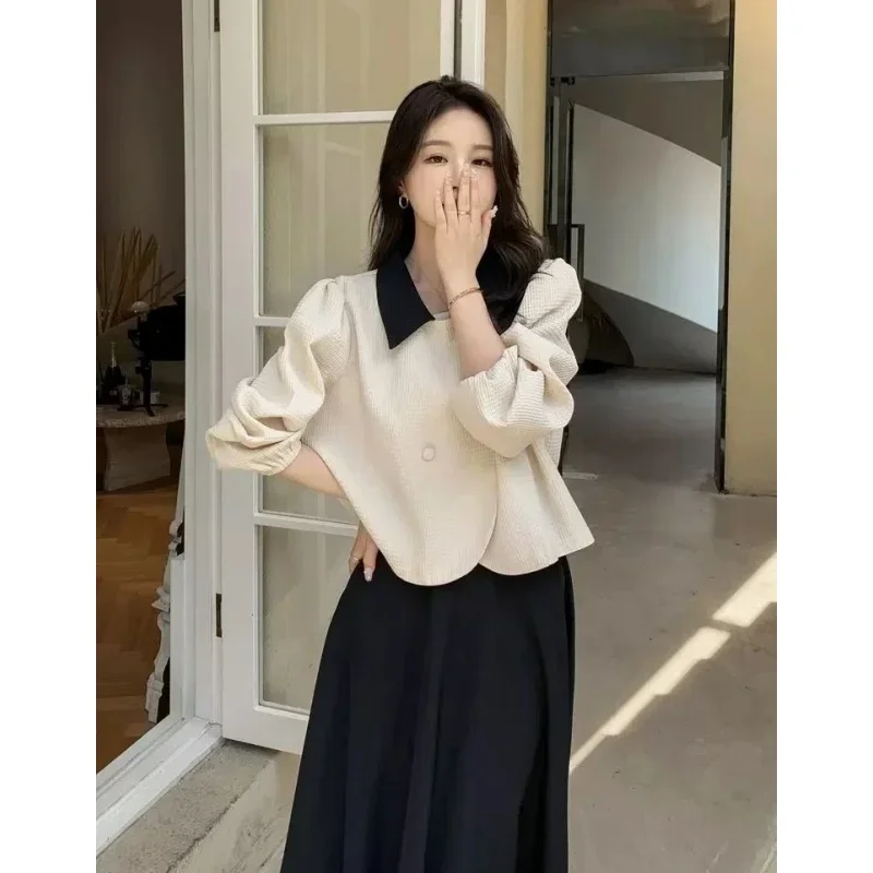 

2025 Spring Autumn Women Graceful Matching Sets Lady Polo Coats Skirts Two Piece Suits Korean Fashion Slim Jacket Skirt Outfits