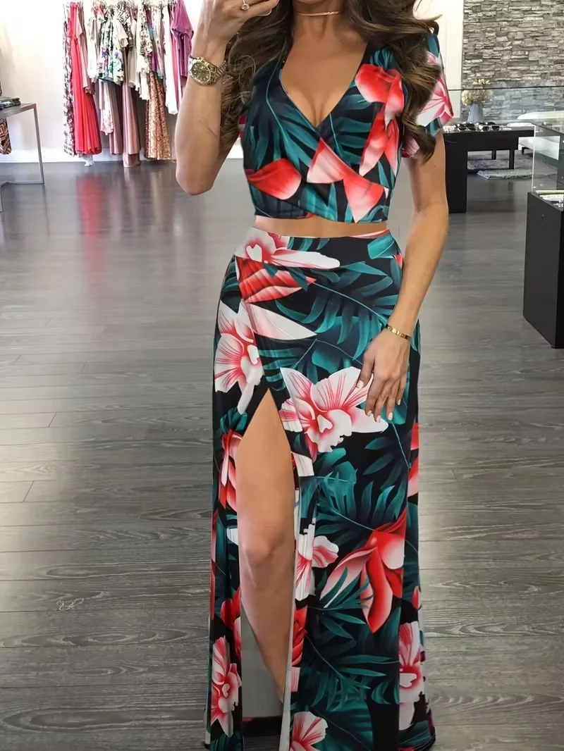 Damskie seksowne komplety 2-częściowe na lato, plażowe, w stylu boho, z kwiatowym wzorem, sukienka z dekoltem w serek, krótkie topy i spódnice maxi z wysokim rozcięciem.