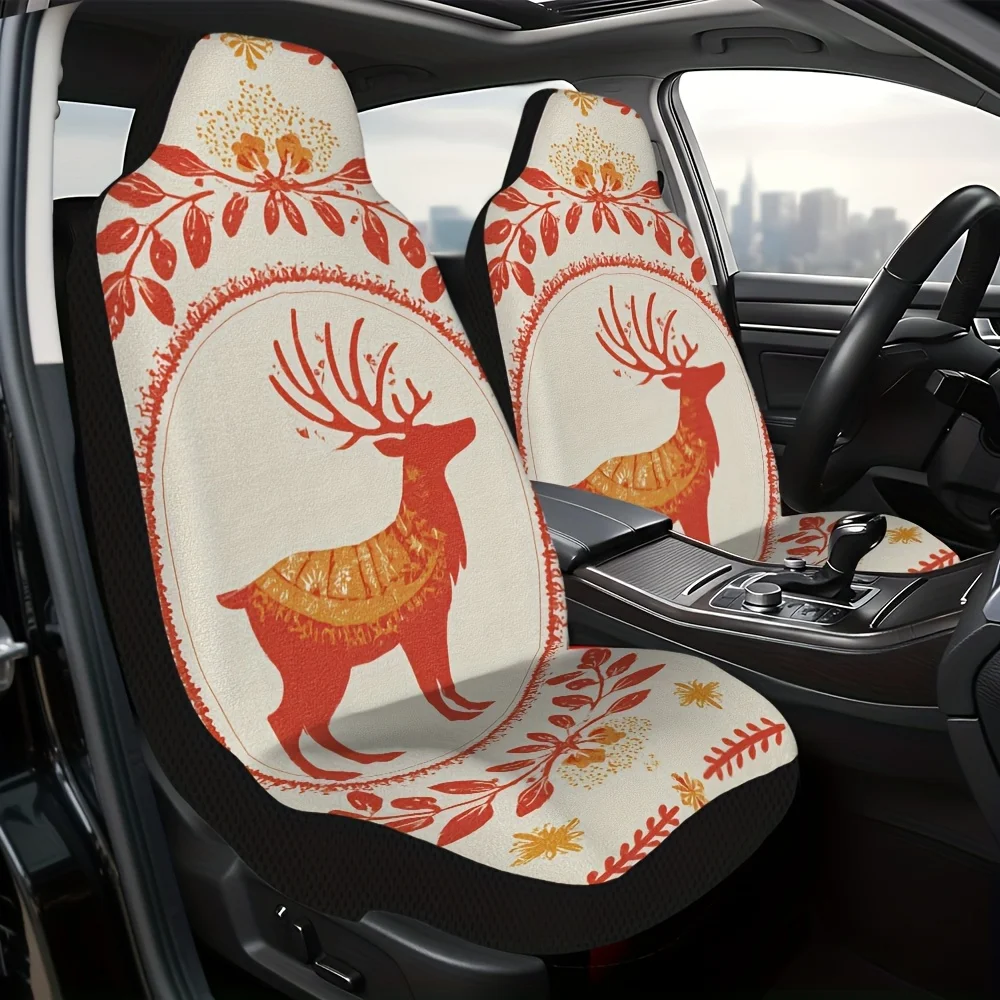 2pcs Modern Nordic Folk Art Reindeer Print Car Seat Covers | Comfortable And All-Season Use, Universal Fit For Most Vehicles, St
