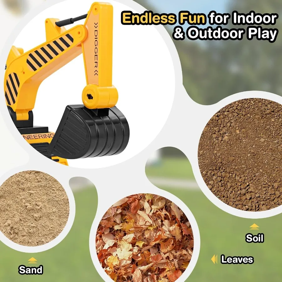 Paseo en excavadora, excavadora de construcción, camión, paseo en coche de empuje para niños pequeños con pala de trabajo, sonido del motor, almacenamiento debajo del asiento, Anti