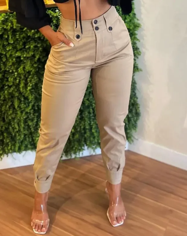 Women Capris Spliced Cargo Pants Pockets Solid High Waist Zipper Fly Skinny Casual 2024 Button Pencil Pants Ankle Length