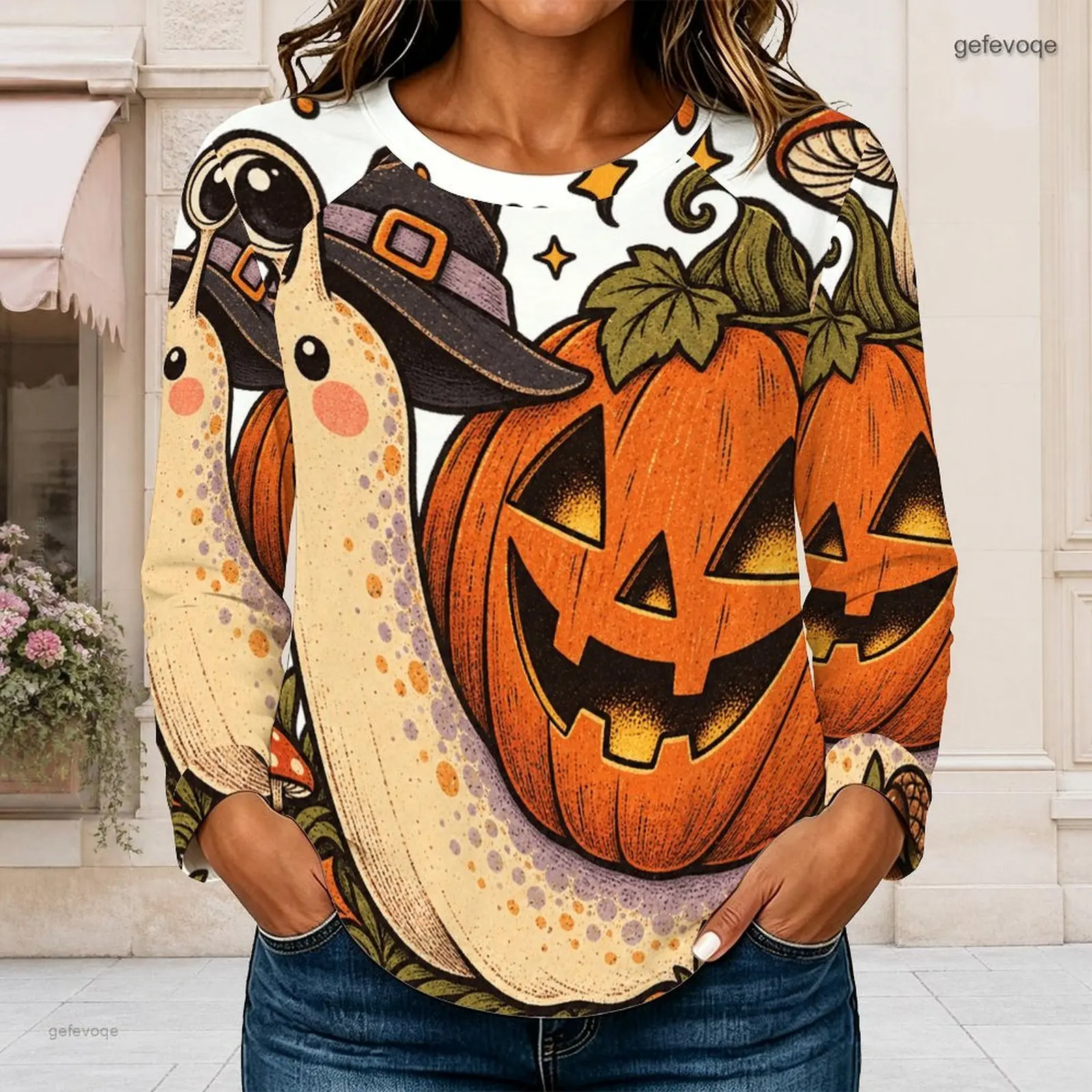 Women Round Neck Long Sleeve Top, Printed Cute Cartoon Bear Holding Pumpkin Pie Pattern