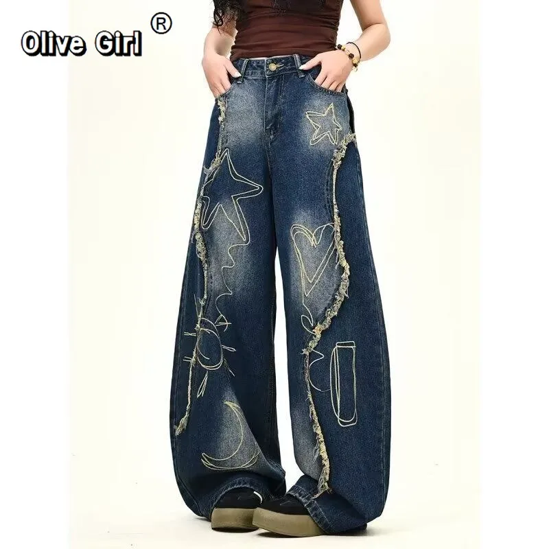 Olivegirl Women's Jeans Retro Fringed Edges Denim Pants Autumn American Design Loose Hanging Straight Leg Wide Leg Trousers