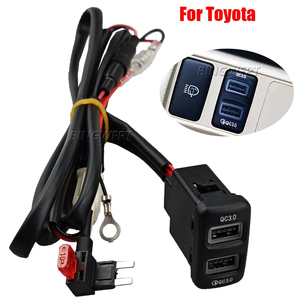 For Toyota FJ Cruiser 2007-2014 Hilux Fortuner 2005‑2014 QC3.0 Type‑C Fast Car USB Charger Socket Red LED Backlight With Fuse