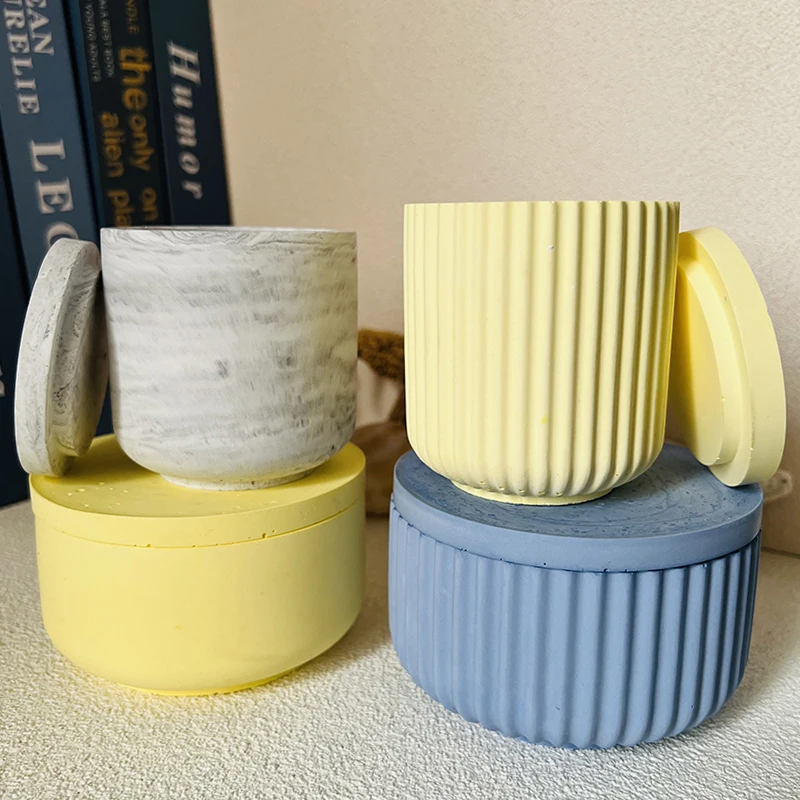 Cement Candle Jar Silicone Mold with Lid Simple Round Striped Concrete Storage Jar Mold Epoxy Resin Pen Holder Flowerpot Mold view 5