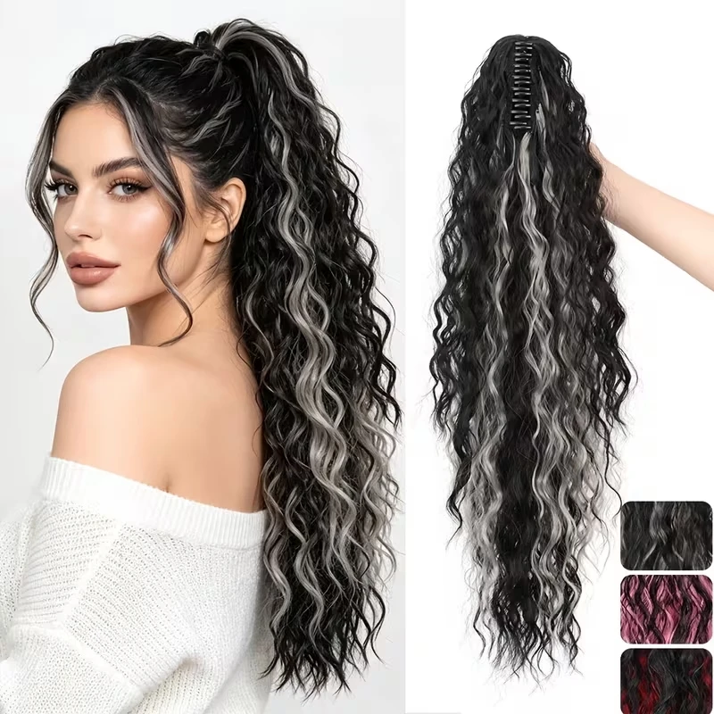 24Inch Synthetic Long Wavy Curly Ponytail Hair Extension Ombre Colors Claw Clip Fluffy Hairpiece for Women Cosplay Party