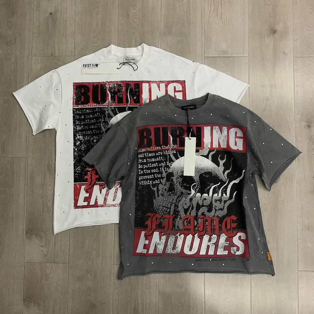26ss FIRST ROW BREAKING NEWS BURNING FLAMES CROPPED Printed Women Men Diamonds Patched T shirts tees Oversized Cotton T shirt