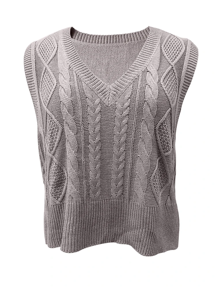 Grey Women\'s Ladies Fashion Sweater England Style Solid Color V-neck Sleeveless Vest Sweater Knitted Wool Sweater For Women