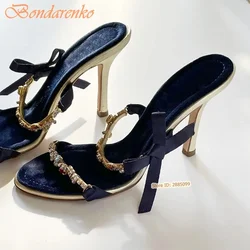 Rhinestone Bow High Heel Sandals Summer New Style Straps Slip On Stiletto Heels Women New Style Shoes Designer Party Casual