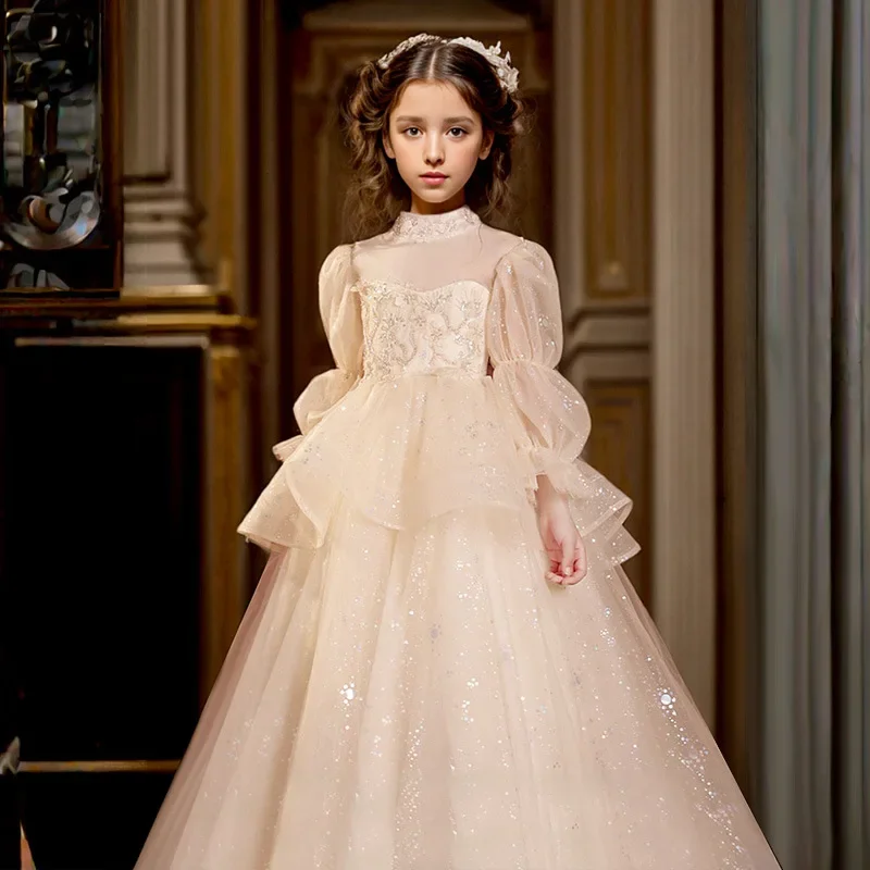 Girls Elegant Dresses Luxury Long Sleeves Princess Dress Wedding Bridesmaid Tulle Children Clothing Teenager Gala Costume ﻿