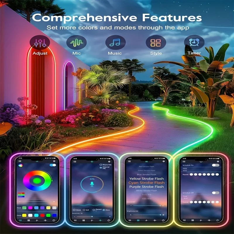 Smart RGB LED Neon Rope Light - App Remote Control Waterproof Music Sync for Bedroom Gaming Indoor/Outdoor Flexible Strip