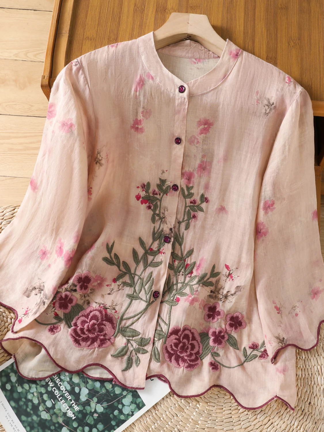 

Women's Cotton Linen Set Summer 2025 New Embroidery Loose Slimming Casual Pants Two-Piece Suit round Ne Five-Sve irt