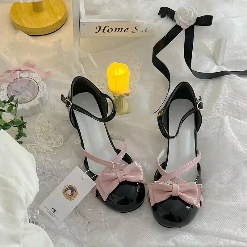 Spring Summer New Product Mary Jane Lo Lolita Jkfashion Shoes Bow Cross Strap Hollow Student Baotou Hanfu Sandals Round Toe