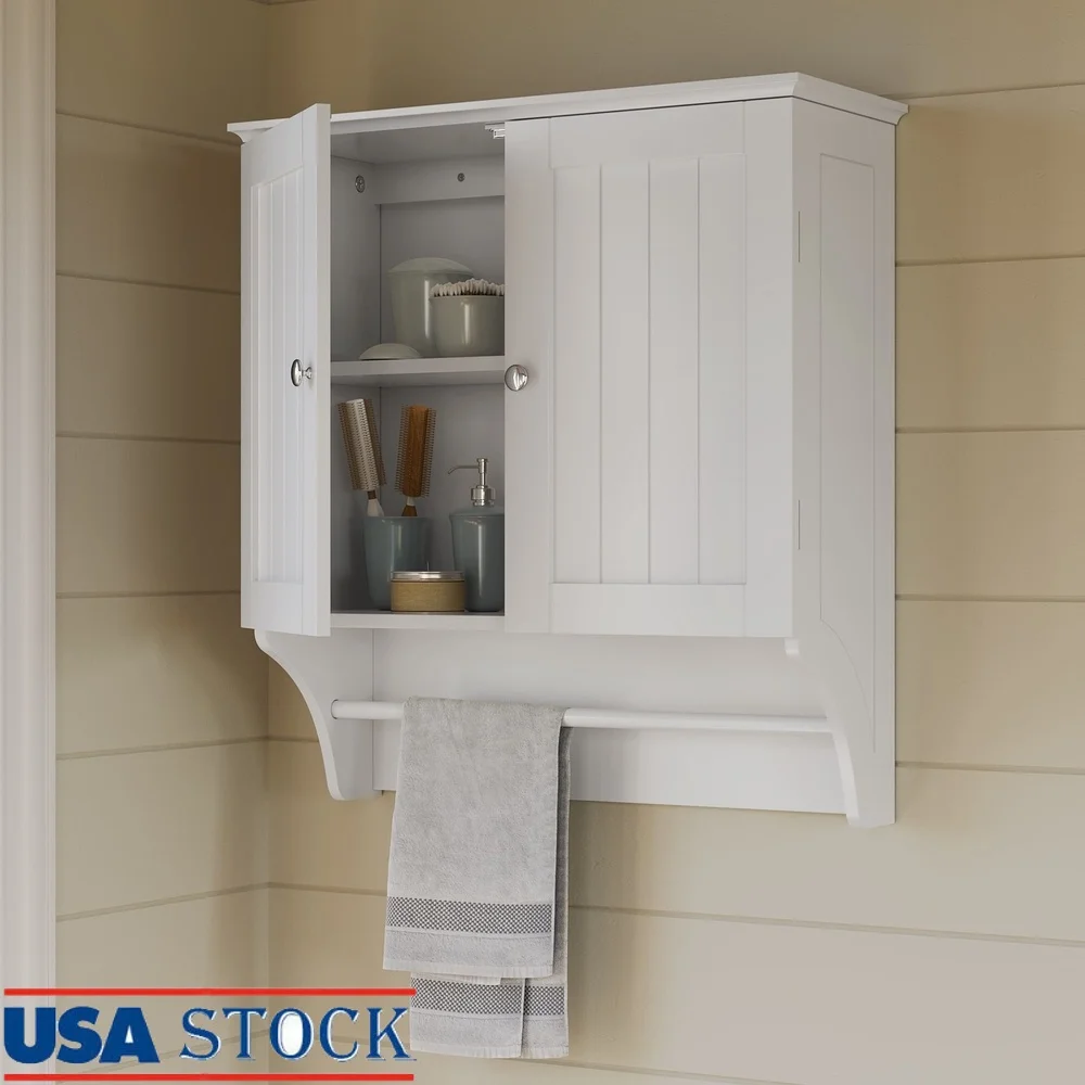 

Two-Door Bathroom Storage Cabinet Wall Mounted with Towel Bar Mirrored Knobs Beadboard Design Ideal Toiletries Kitchen