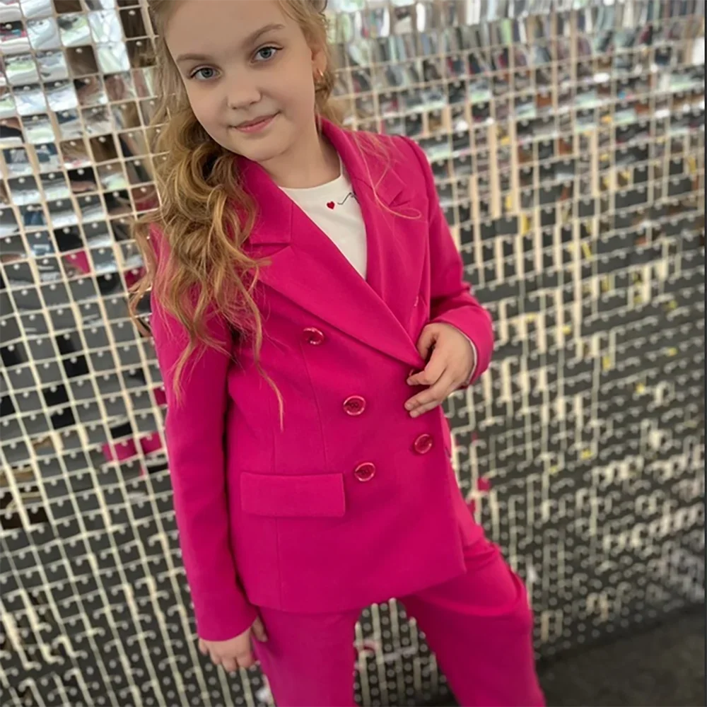 Traje de doble botonadura rosa roja para niña, conjunto de dos piezas de alta calidad, ropa elegante para niños, nueva Boutique